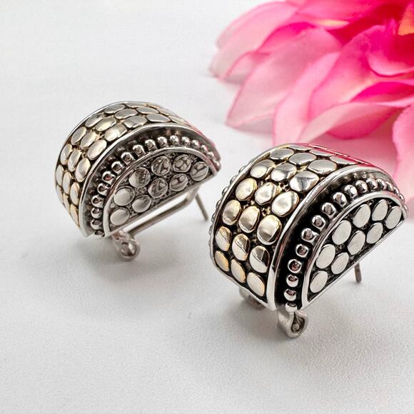 Designer Style Metallic Dot Earrings Mixed Tone Puffy Chunky Omega Back Quality - Picture 1 of 14